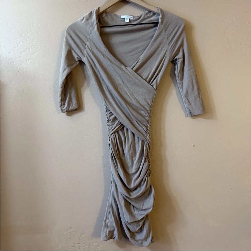 Standard James Perse Deep V Dress Sz 0 Ruched Tan Beige Body Con